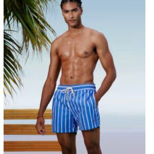 Polo Ralph Lauren Traveler Icon Logo Wide Stripe Slim Fit Mid Swim Shorts Blue